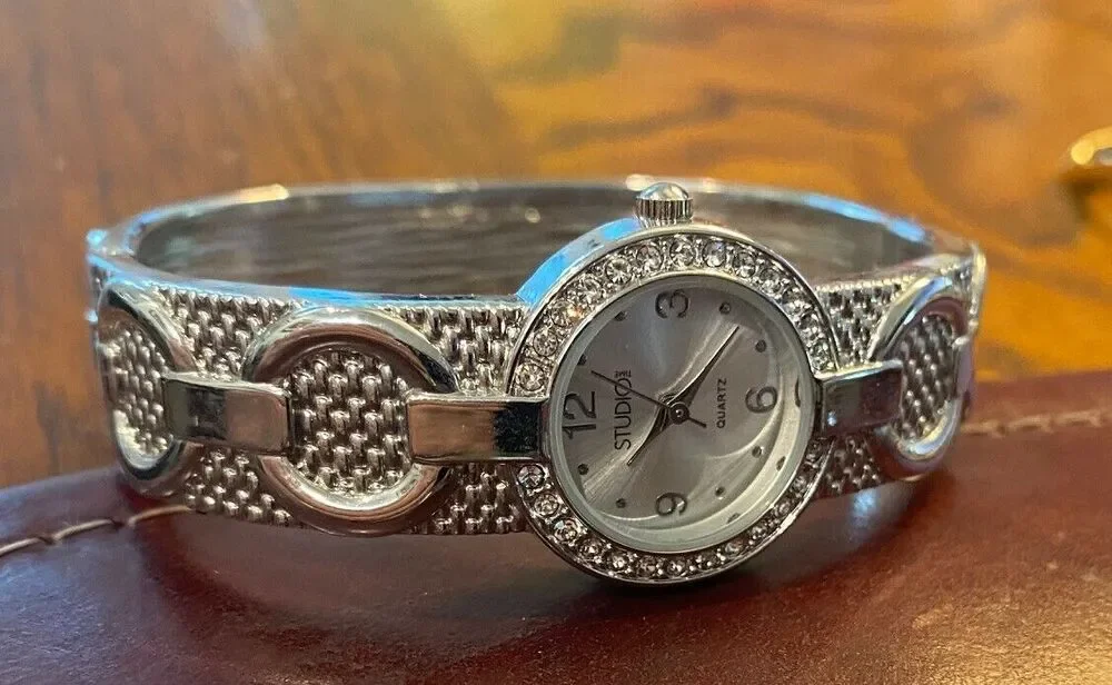 Women's 24mm silver Tone Studio Time Bangle Bracelet Watch, Crystal Accents